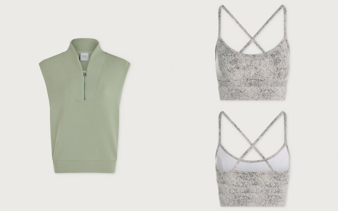 VARLEY（左起）DoubleSoft® Loretta Half-Zip Sleeveless Sweat半拉鍊無袖上衣（NT$5,380）、Let's Move Irena Bra象牙蛇紋花紋運動內衣（NT$2,780）。
