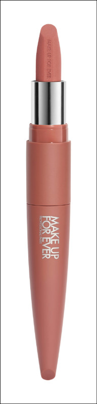 MAKE UP FOR EVER藝術大師摩登裸霧唇膏筆 #101微醺裸粉，950元，專業彩妝師精選的時髦裸唇色調，強調任何膚色都適合，揮別以往裸色系唇膏不顯氣色的缺點，蘊含玻尿酸配方，搽上後保濕舒適，沒有霧面唇膏易顯唇紋的缺點，加上不到千元售價，高CP值成為不少人入手霧面唇膏首選。