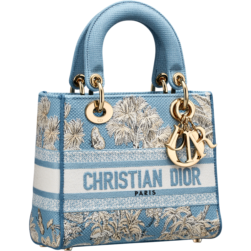 Dioriviera Lady D-Lite 蔚藍色與白色Toile de Jouy Palm法式印花圖騰刺繡小型提包，165,000元。（Dior提供）