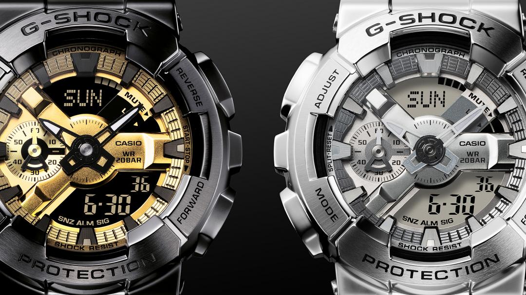 G-SHOCK將人氣大錶殼110 系列導入金屬錶圈與錶帶，打造全新錶款。(G-SHOCK提供，以下同)