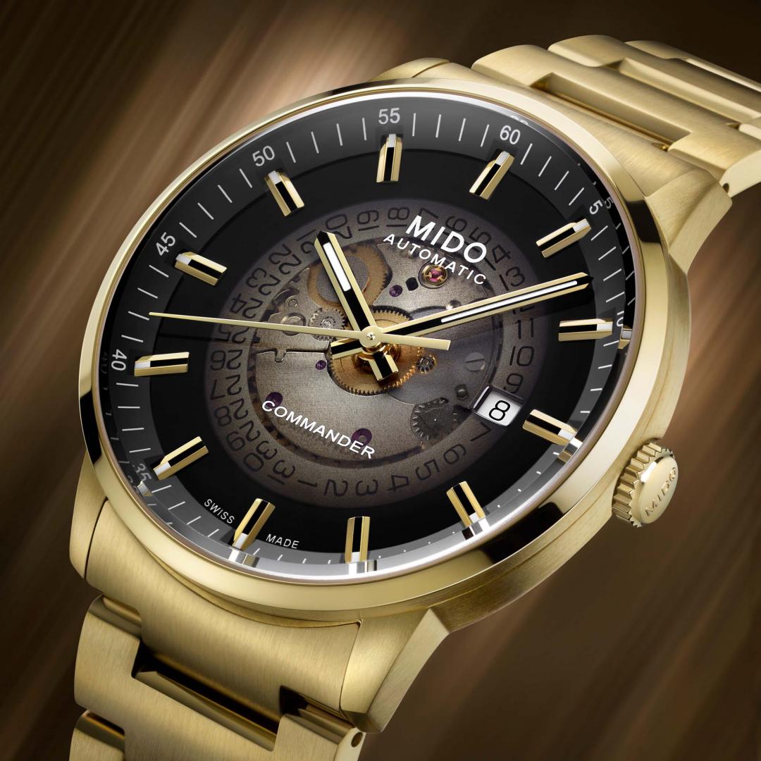 MIDO Commander Gradient香榭系列漸層80小時腕錶，40毫米不鏽鋼錶殼，37,800提供。(以下同)