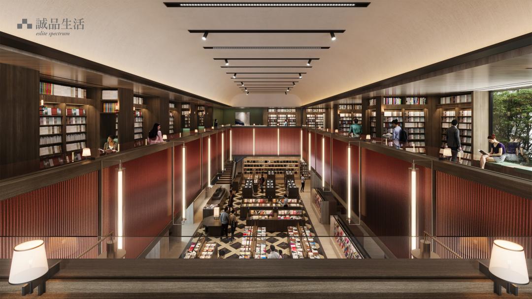 誠品生活台南挑高10米雙層書店優雅壯闊，沉穩木質調設計，展現誠品經典場所精神。（圖為3D模擬示意圖）