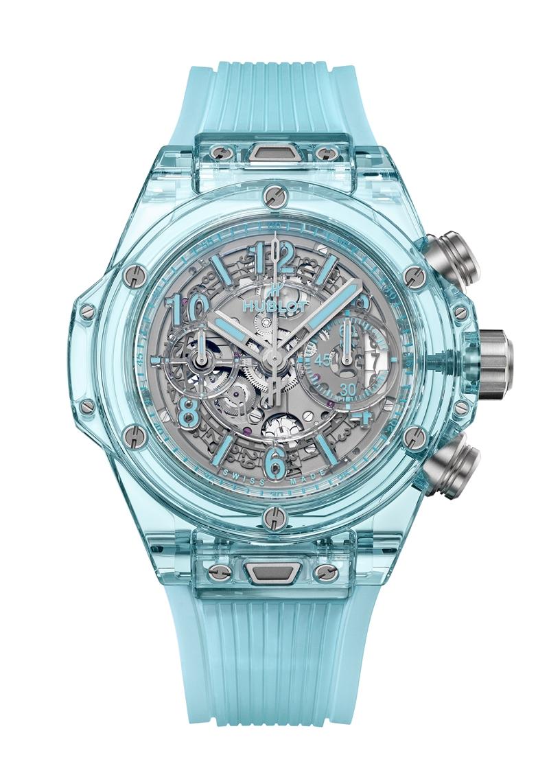 Big Bang Unico湖水藍寶石計時碼錶，搭載MHUB1280 UNICO自製自動上鍊飛返計時機芯，拋光湖水藍寶石水晶錶殼，時分顯示、小秒盤、日期窗、計時功能，錶徑44mm，防水深度50米，4,244,000元，全球限量50只。（Hublot提供）