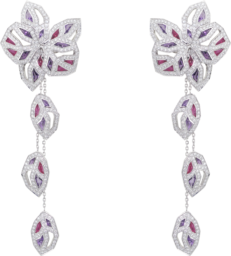 Cartier典藏系列Caresse d’orchidées par Cartier耳環，白K金，明亮式切割紅寶石，花式切割紫水晶。（Cartier提供）