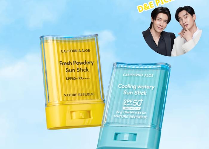 Nature Republic X D&E 最強防曬CP組：「加州蘆薈清透防曬棒」+「加州蘆薈冰沁防曬棒」。