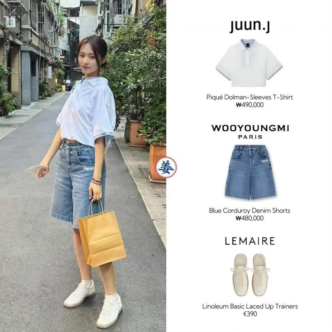 可愛襯衫搭配牛仔短褲，看來就像大學生。