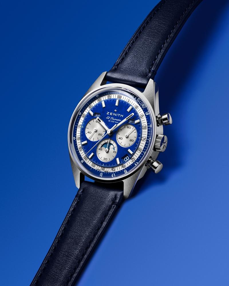 CHRONOMASTER Original 全日曆月相計時腕錶青金石款，搭載El Primero 3610自動上鏈機芯，精鋼錶殼，時間顯示、日期窗、全日曆、計時功能，錶徑38mm，防水深度50米，797,100元。（ZENITH提供）