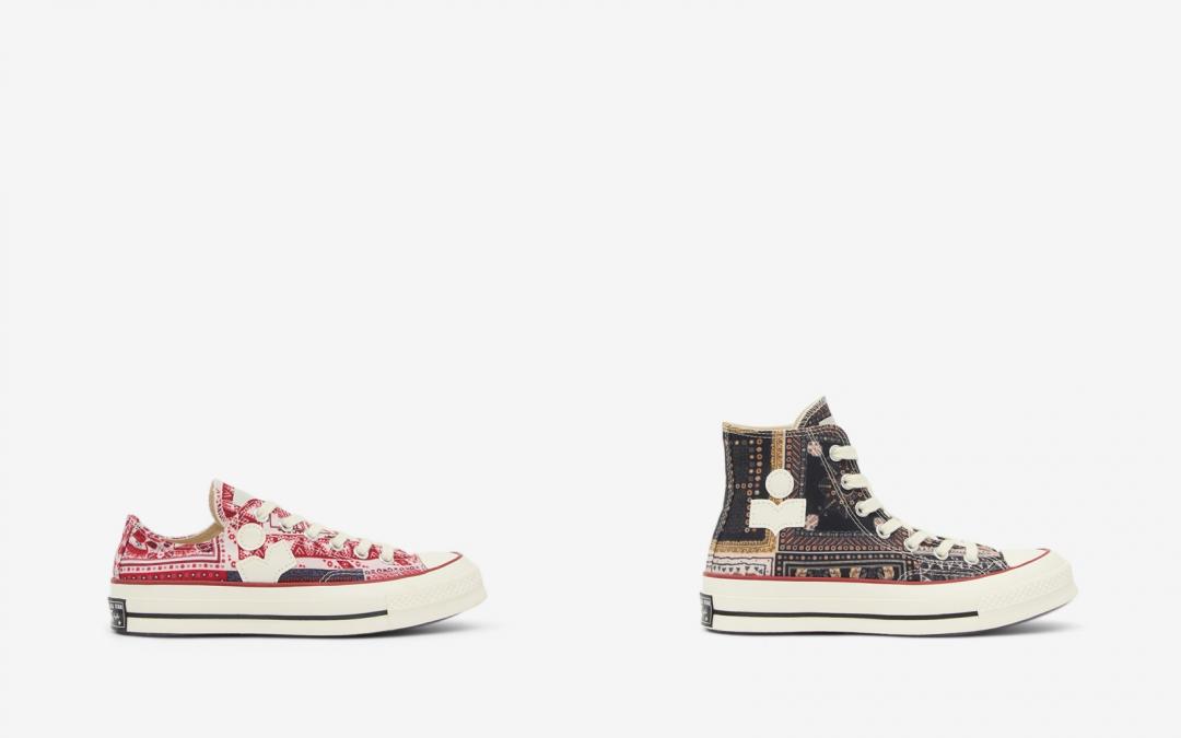 ISABEL MARANTＸCONVERSE聯名系列第二彈（左起）粉色低筒帆布鞋（NT$4,800）、黑色高統帆布鞋（NT$5,300）。