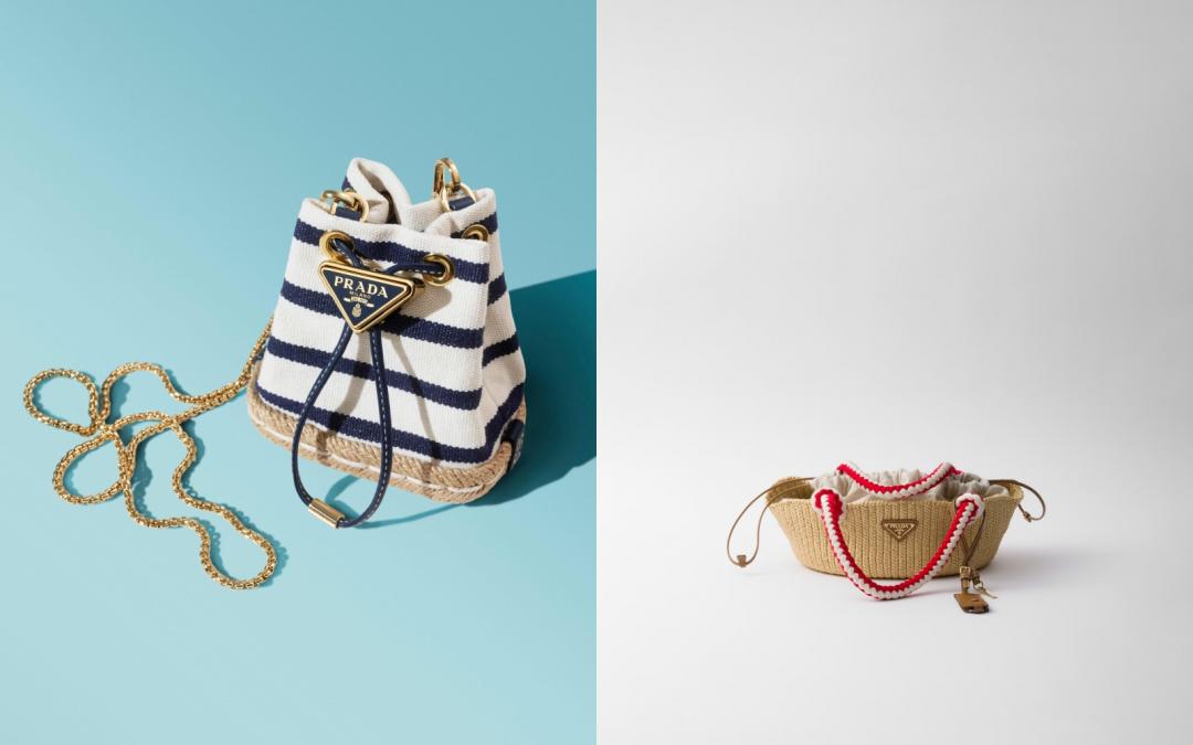 PRADA（左起）海洋風條紋鍊帶迷你包；繩索造型鉤織肩背包（NT$84,000）。