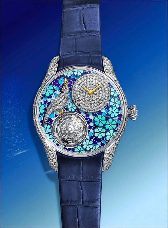 Bird on a Flying Tourbillon Azure Blossom飛行陀飛輪腕錶，18K白金錶殼鑲嵌168顆鑽石，錶徑39mm，全球限量10只，價格店洽。