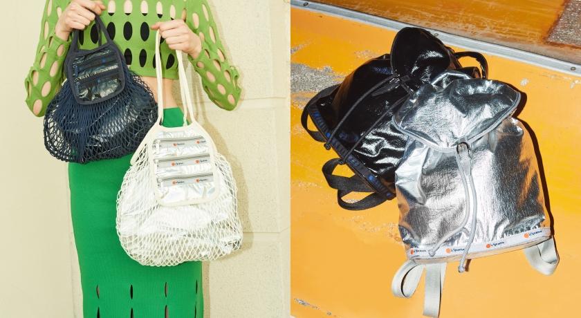 （左起）Net Bag網狀肩背包（小）NT$6,000元、（中）NT$7,000元；Puffy Backpack 掀蓋式後背包（NT$9,000）。