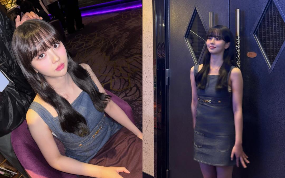 選穿CELINE丹寧背心洋裝，以鬆弛感時髦風格上陣。妝髮完成後，從路人搖身變成有水汪汪大眼睛的甜美妹子。