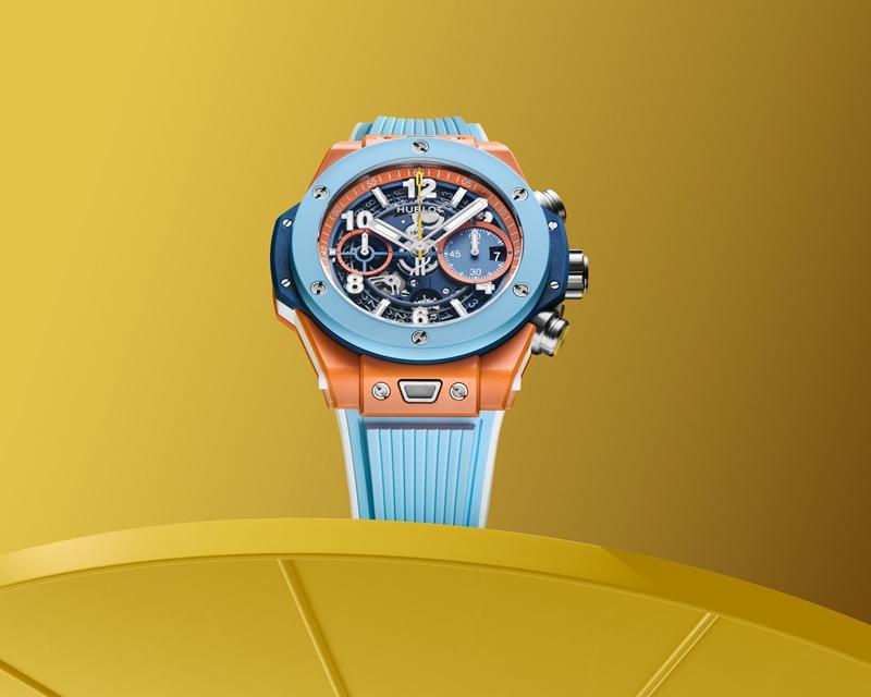 Big Bang Unico Summer雙彩陶瓷限量腕錶，搭載MHUB1280 UNICO自動上鍊飛返計時機芯，微噴砂橘色陶瓷錶殼，時間顯示、日期窗、計時功能，錶徑43mm，防水深度100米，968,000元，全球限量100只。（Hublot提供）
