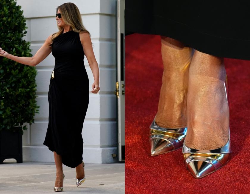 梅蘭妮亞身穿Bottega Veneta黑色垂墜長洋裝，腳踩12公分高的Christian Louboutin銀色紅底高跟鞋。