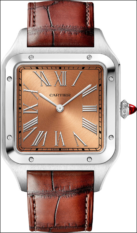 黃銅錶盤呼應飛機零件。Santos Dumont腕錶超大型款，鉑金錶殼，785,000元。