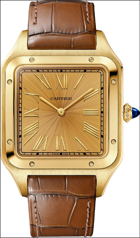 Santos Dumont腕錶超大型款，黃K金錶殼，錶盤上的圓環圖案有如螺旋槳，605,000元。