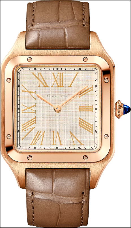 Santos Dumont腕錶超大型款，玫瑰金錶殼，錶盤以細膩工藝呈現亞麻紋理，605,000元。