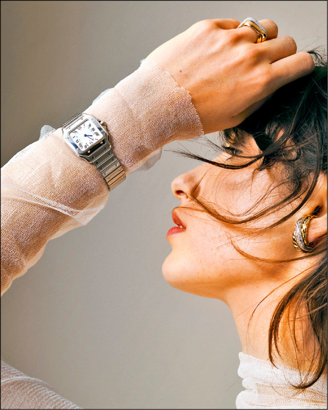 卡地亞Santos小型款腕錶，精鋼錶殼、鍊帶，204,000元。