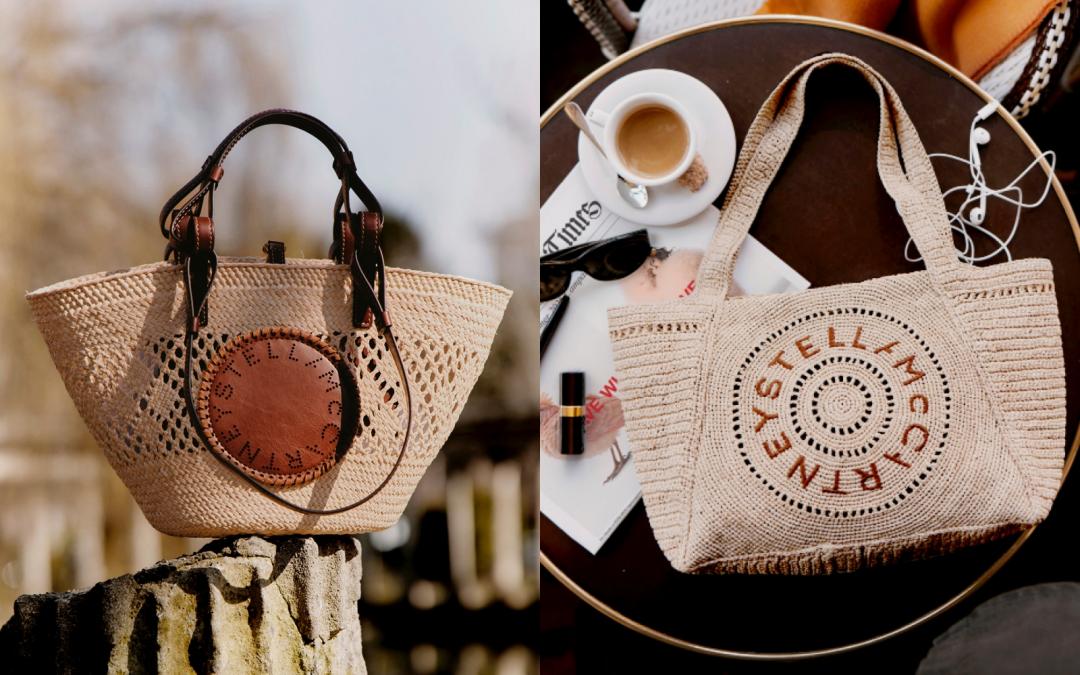 （左起）Raffia編織皮革徽標托特包（價格店洽）；Raffia Logo中型編織托特包（NT$37,200）。