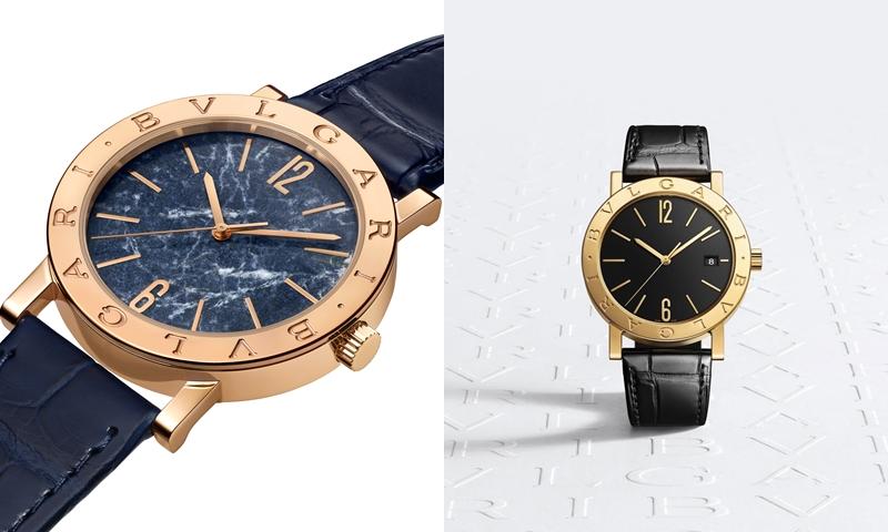 BVLGARI BVLGARI玫瑰金「Blu Incanto」夜藍色大理石鱷魚皮腕錶、黃K金黑色面盤腕錶。（寶格麗提供、翻攝自instagram）