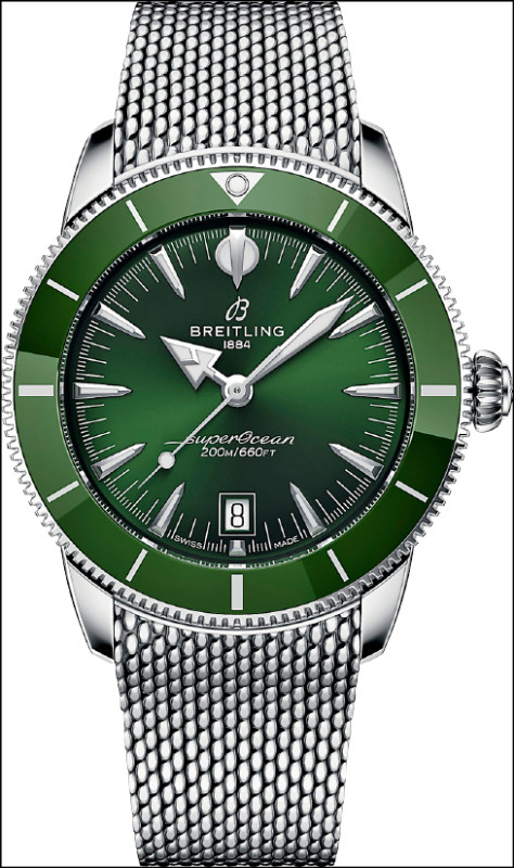綠色錶盤搭配精鋼錶鍊的Superocean Heritage B31 Automatic 42自動腕錶，196,000元。