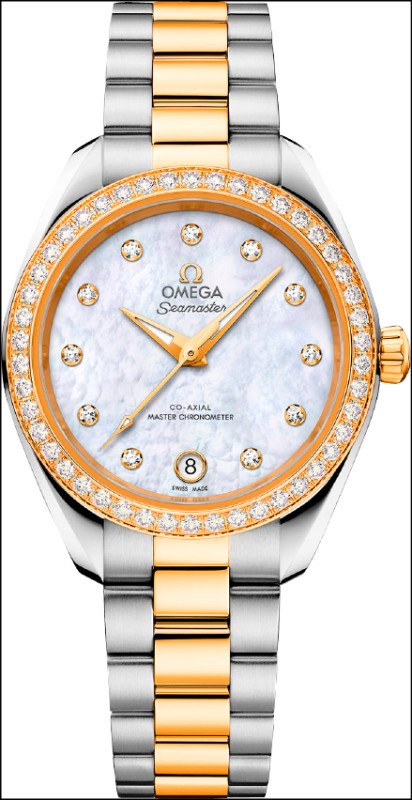 Aqua Terra系列30毫米不鏽鋼與18K Moonshine™金雙色鑲鑽款，588,000元。