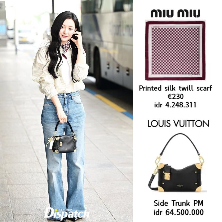 金智媛簡單打扮中卻以MIU MIU絲巾、Louis Vuitton包包點亮。