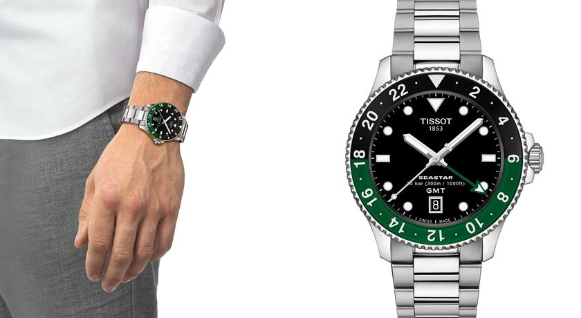 TISSOT Seastar 1000 Quartz GMT腕錶，黑綠款，15,700元。(TISSOT提供，以下同)