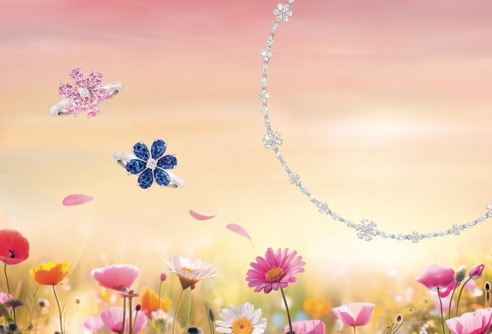 海瑞溫斯頓勿忘我Forget-Me-Not系列鑽石項鍊、粉紅剛玉鑽石戒指及藍寶石鑽石戒指，價格店洽。