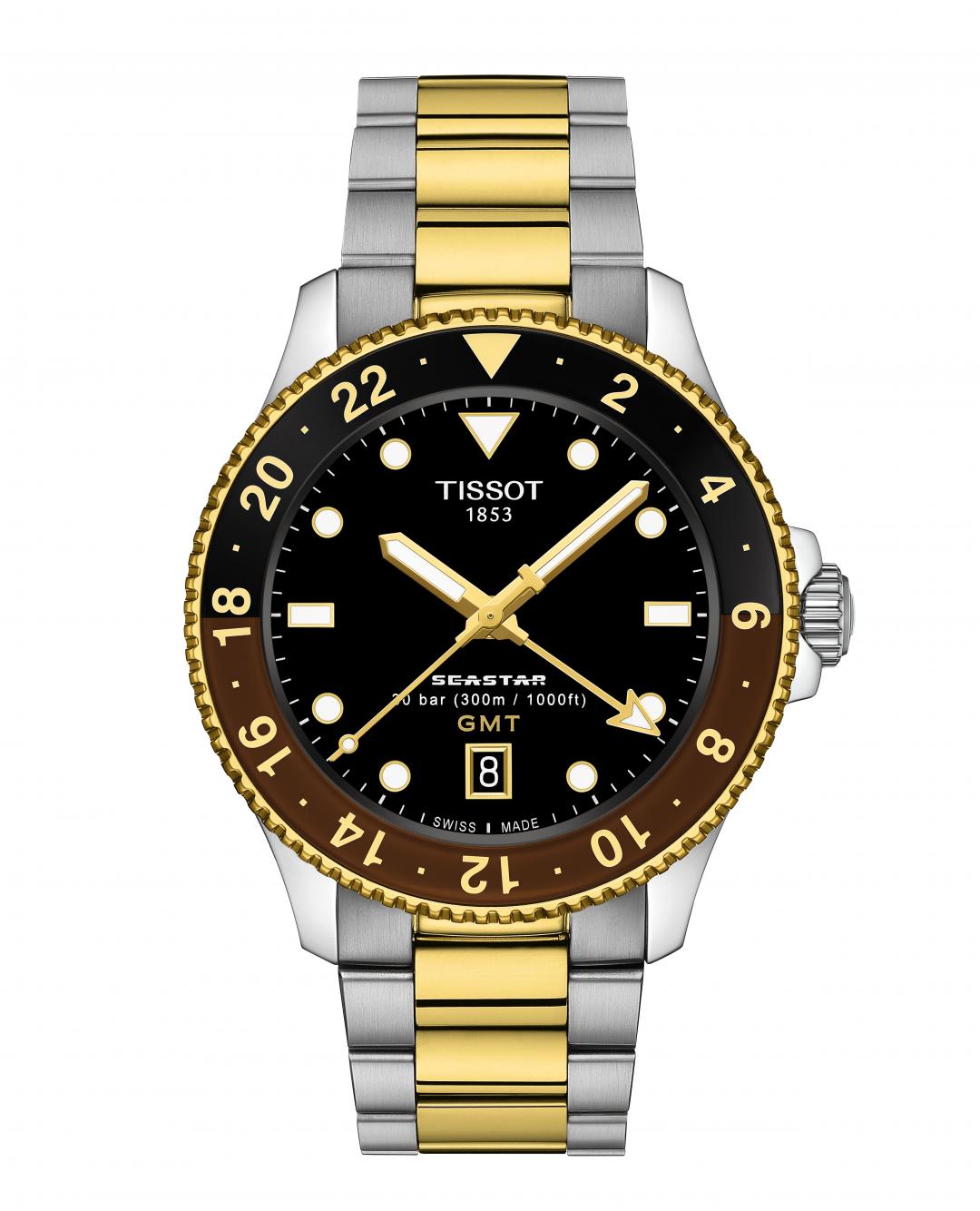 TISSOT Seastar 1000 GMT系列雙金款，17,100元。