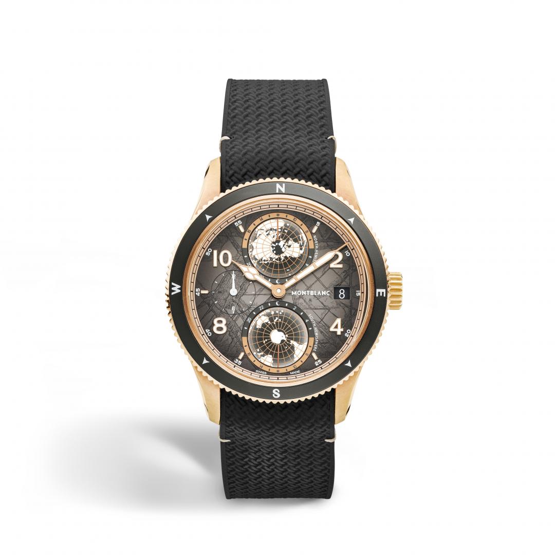 MONTBLANC 1858系列Geosphere世界時間零氧腕錶Monte Rosa限量版100，配備42毫米18K玫瑰金錶殼，搭載MB 29.2自動上鍊機芯，動力儲存42小時，755,000元。
