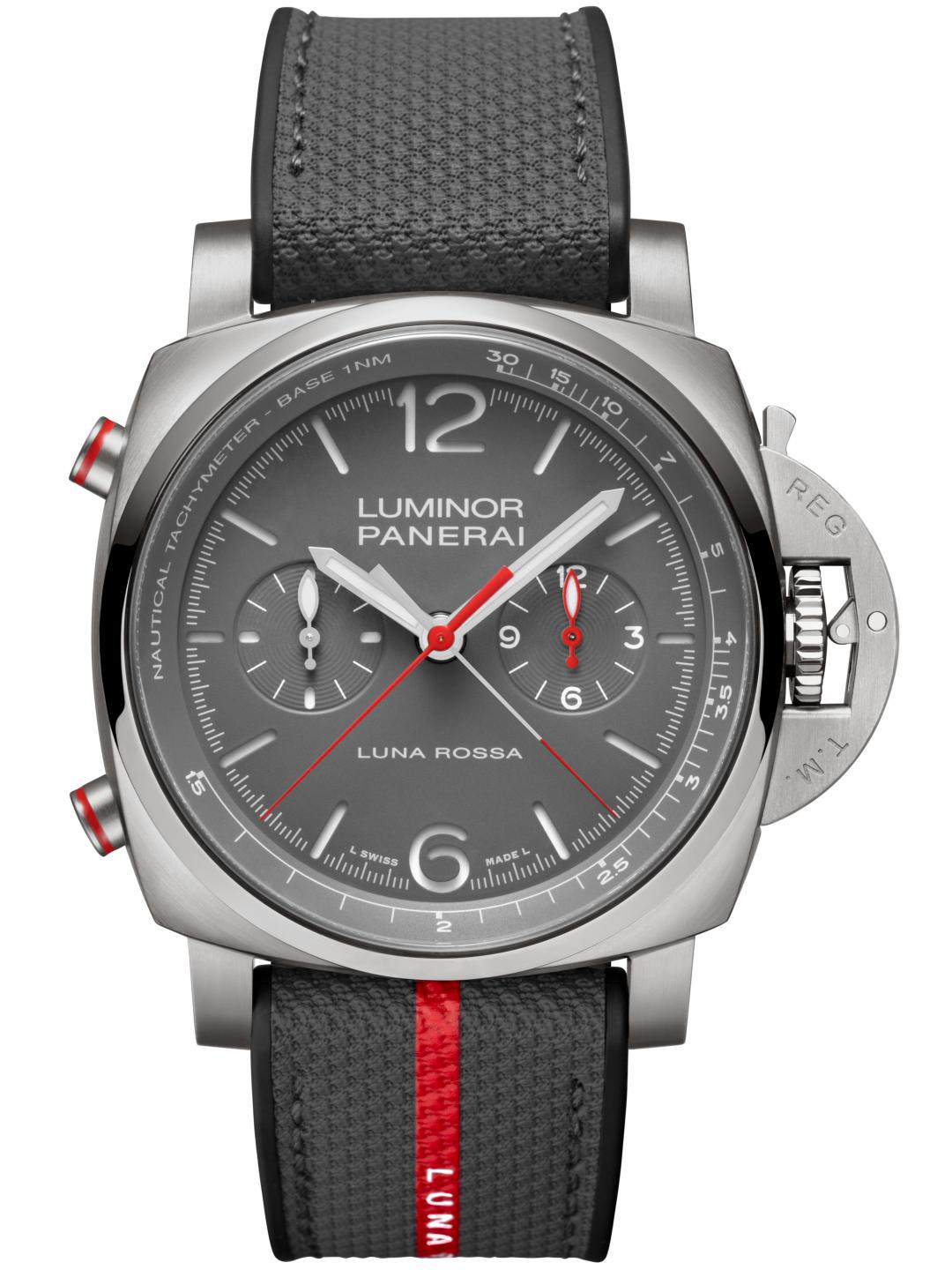 Luminor Luna Rossa飛返計時腕錶 PAM01654，全球限量150只，480,000元。