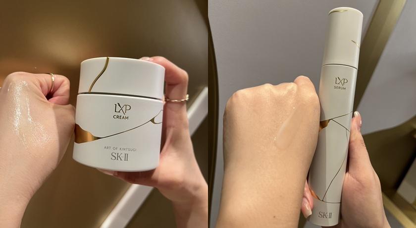 LXP凝時金緻乳霜(左)以至高濃縮度PITERA，結合珍稀水解黃金蠶絲，強化肌膚屏障；LXP凝時金緻精華液(右)。