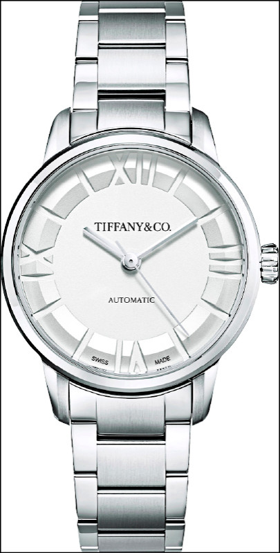Tiffany Atlas®銀白色錶面精鋼腕錶，搭載自動上鍊機械機芯，錶徑34mm，約170,000元。