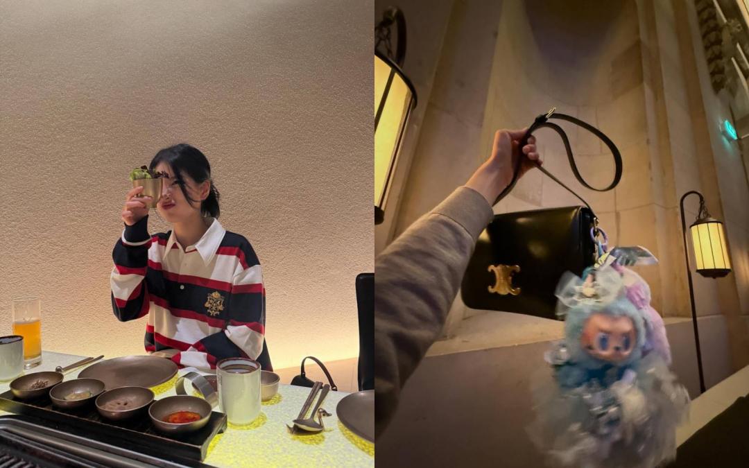 秀智也跟上流行，在包包掛上Labubu昇華整體造型的可愛感。