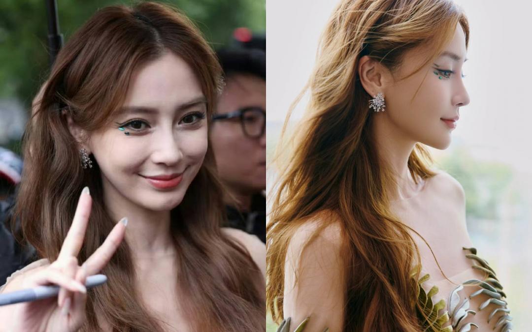 眼尾添了幾筆綠色眼線點綴，搭配貼鑽的眼妝效果，被粉絲認為根本是「魚尾紋眼妝」。