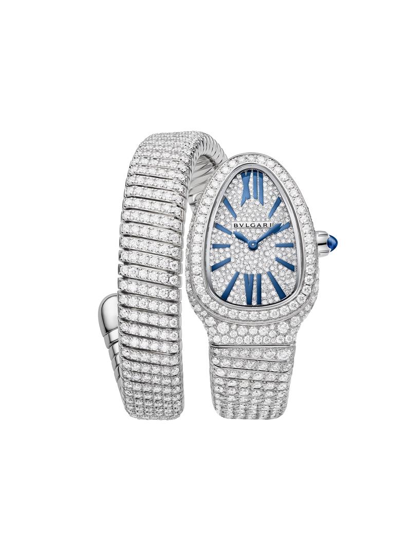 Serpenti Infiniti 白K金鑲鑽單圈珠寶腕錶，搭載石英機芯。（BVLGARI提供）