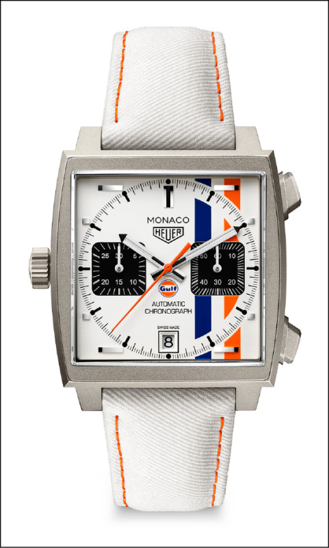 TAG Heuer Monaco×Gulf計時腕錶白色限量版，搭載Calibre 11自動上鍊計時機芯，錶殼尺寸39mm，防水深度100米，全球限量971只，每只313,000元。