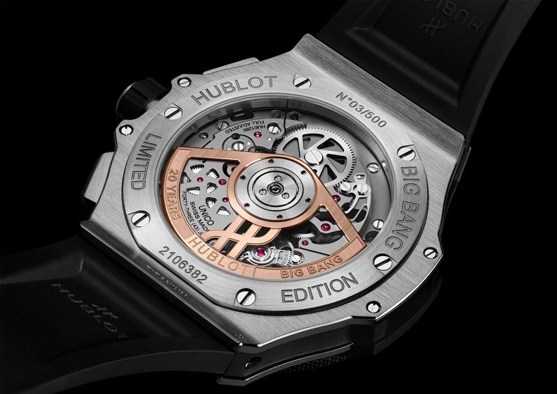 金質鏤空設計自動盤，鐫刻專屬的「20 Years Hublot Big Bang」標誌。（Hublot提供）