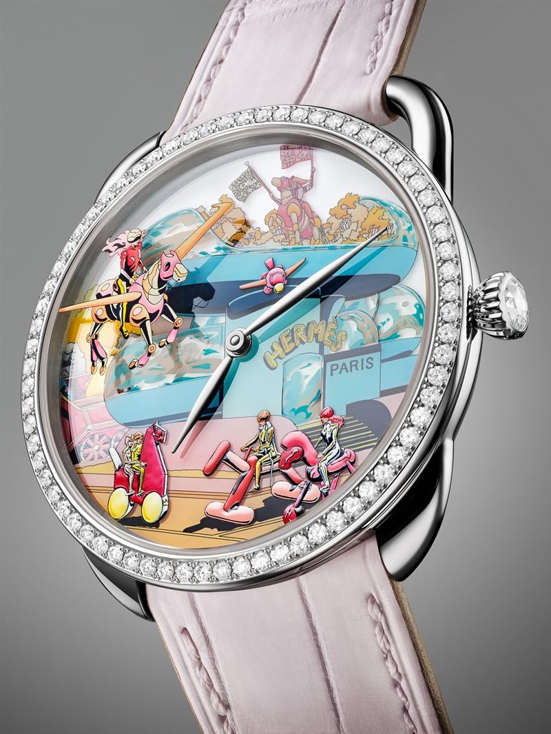 Arceau Hermès Locomotion工藝腕錶，搭載愛馬仕自製H1912自動上鍊機械機芯，白K金錶殼鑲鑽，時間顯示，錶徑38mm，防水深度30米。（Hermès提供）