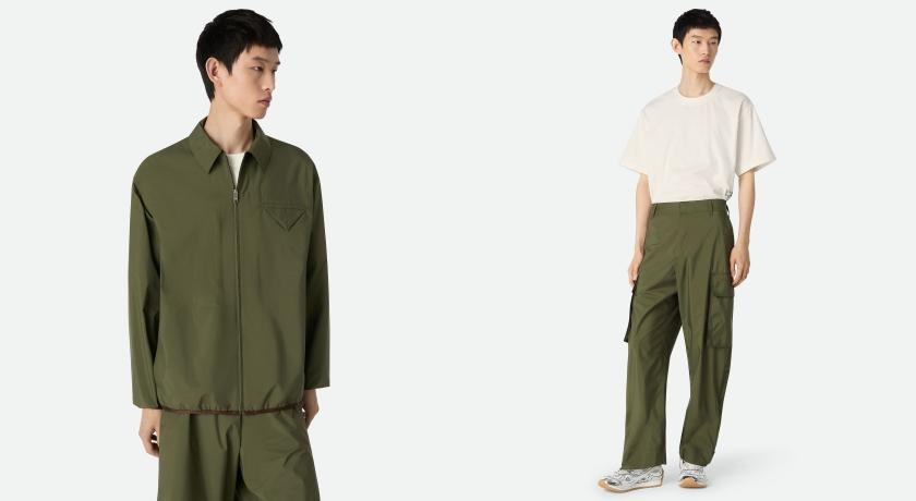 （左起）輕盈科技尼龍拉鍊外套（NT$67,500）；輕盈科技尼龍工裝長褲（NT$49,700）。