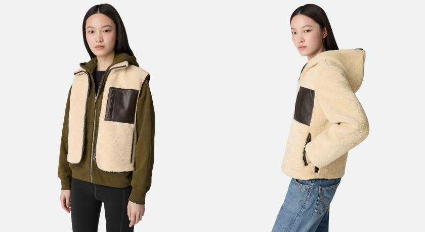 （左起）剪羊毛皮革滾邊與口袋細節背心（NT$194,400）；剪羊毛連帽束腰夾克（NT$238,300）。