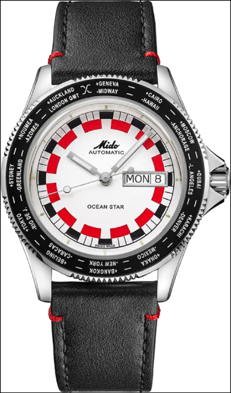 MIDO Ocean Star Worldtimer世界時區腕錶外型、配色獨具復古風格。