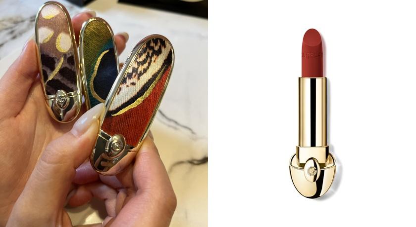 嬌蘭ROUGE G紅寶之吻高訂絲絨脣膏#555，搭配秋季限定推出的「翎羽之華高訂脣膏彩殼」。