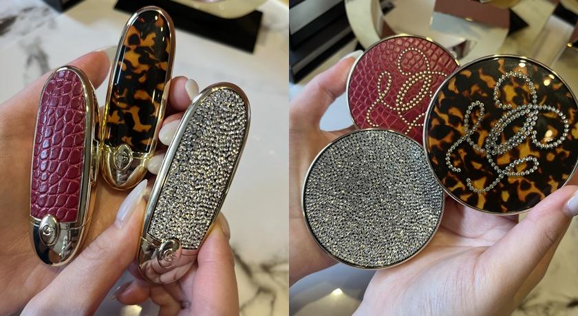 與Rouge G紅寶之吻高訂脣膏殼相呼應，嬌蘭推出三款24K純金絲光氣墊粉餅盒，各1,300元。