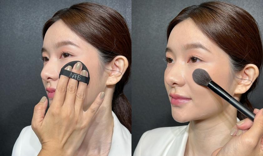 先用氣墊粉撲、再使用腮紅刷暈開就能自然服貼又透亮。