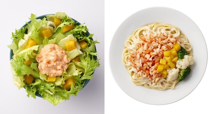 芒果小龍蝦沙拉149元；香椰白醬芒果小龍蝦麵，原價220元、卡友價199元。