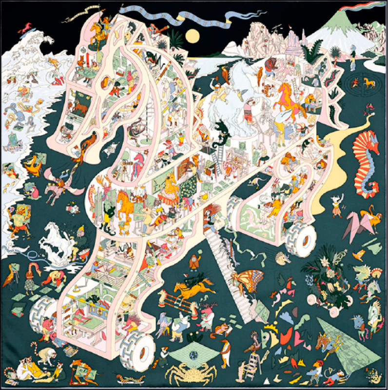 童趣感十足的飛馬學院Academia Hippica圖紋印花斜紋真絲方巾（90×90公分），20,600元。