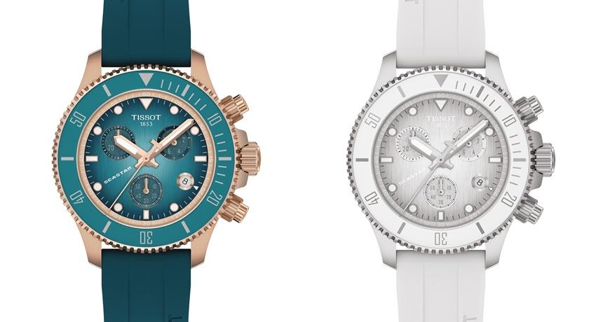 TISSOT Seastar海星系列38毫米石英腕錶，綠松石色款18,400元、白色款16,900元。