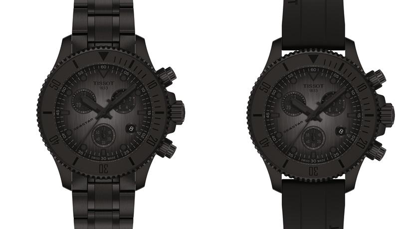 TISSOT Seastar海星系列38毫米石英腕錶，黑色鍊帶款19,300元、黑色矽膠錶帶款17,700元。